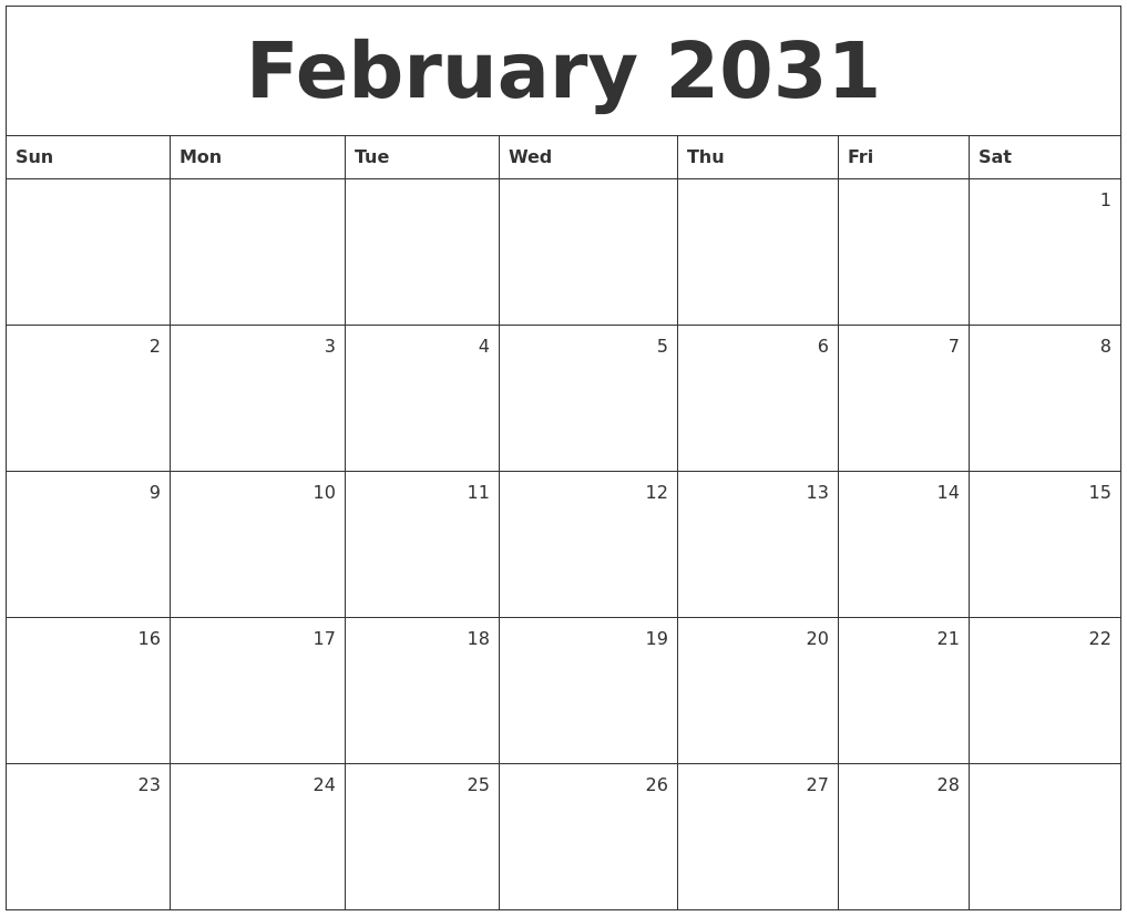 February 2031 Monthly Calendar