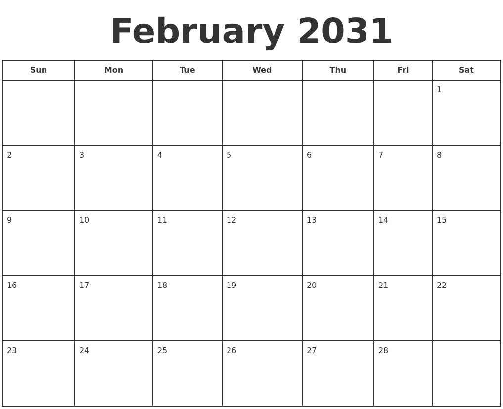 February 2031 Print A Calendar