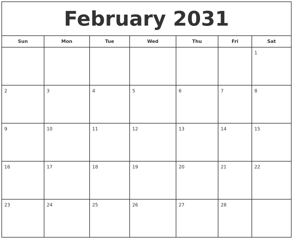 February 2031 Print Free Calendar