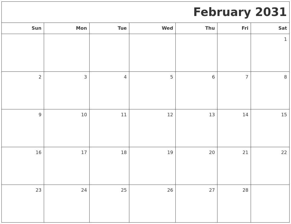 February 2031 Printable Blank Calendar