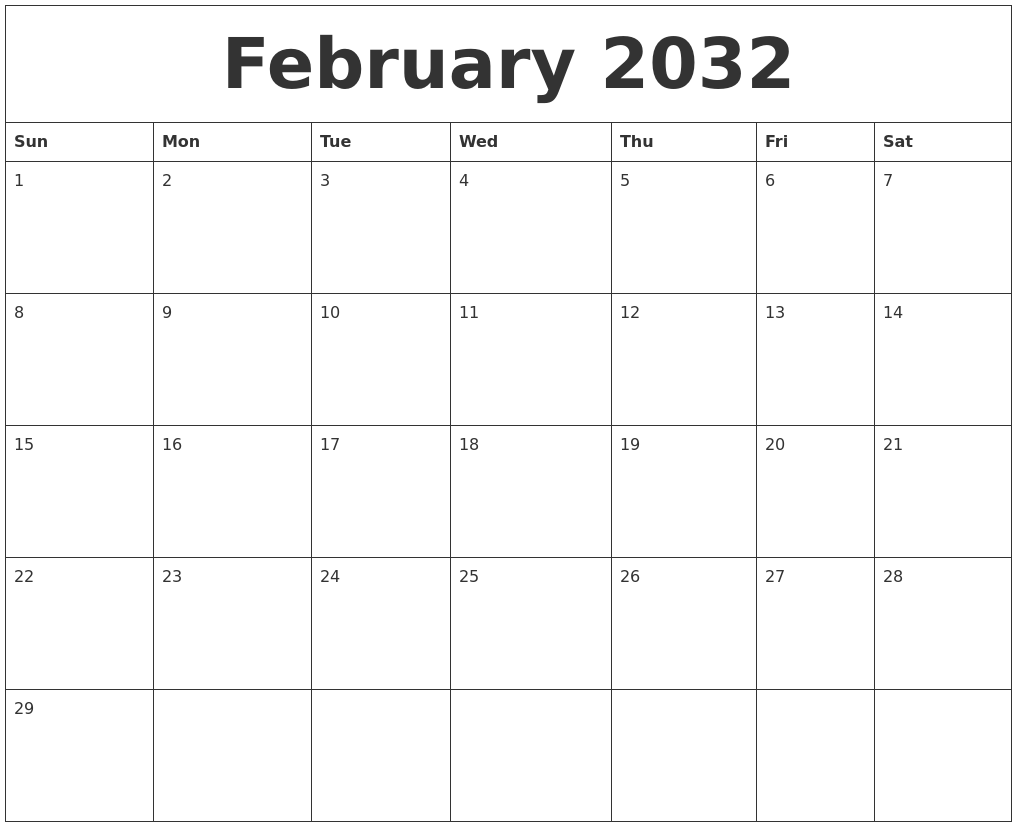 February 2032 Birthday Calendar Template