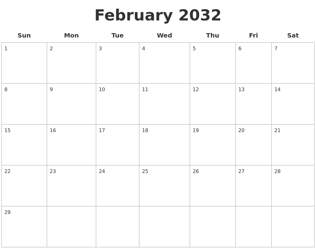 February 2032 Blank Calendar Pages