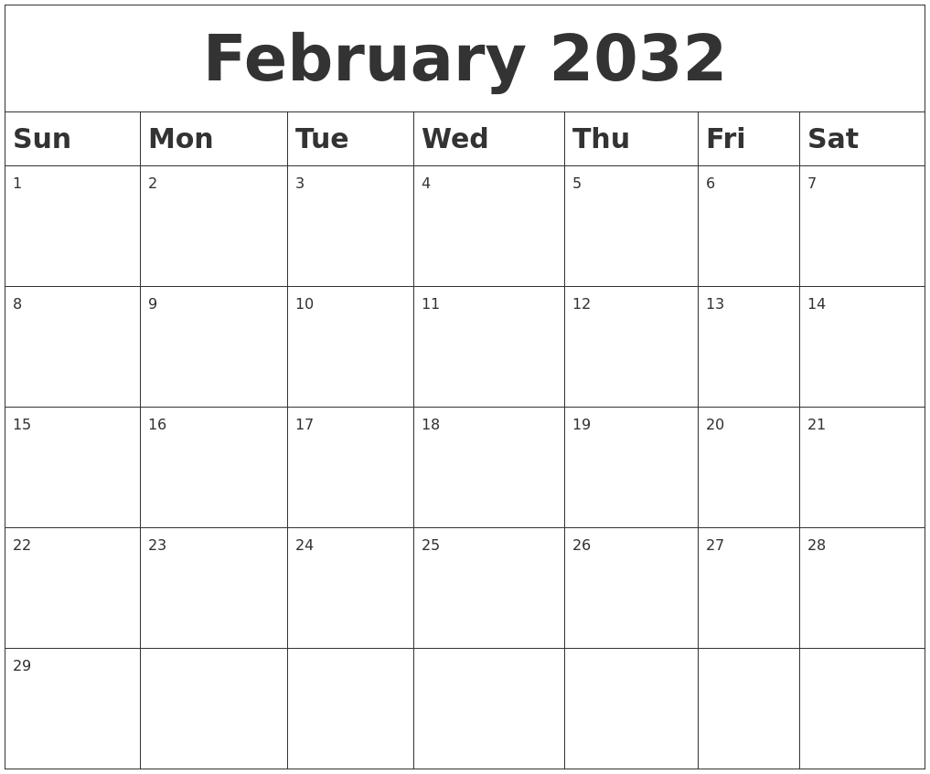 February 2032 Blank Calendar
