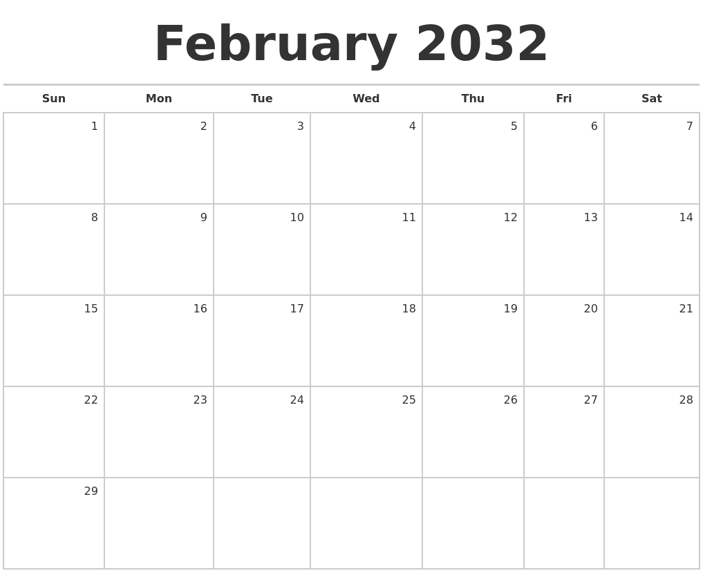 February 2032 Blank Monthly Calendar