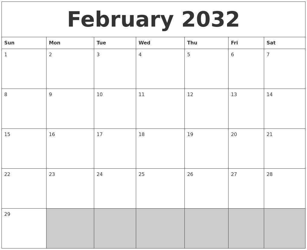 February 2032 Blank Printable Calendar
