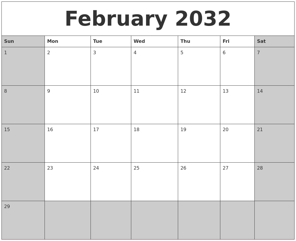 February 2032 Calanders