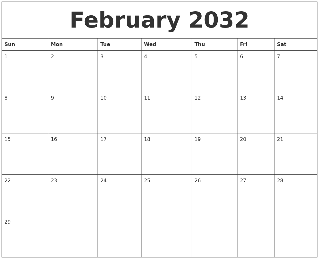 February 2032 Free Monthly Calendar Template