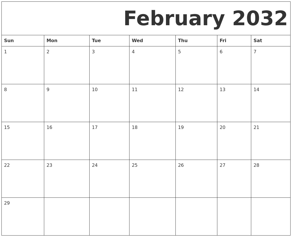 February 2032 Free Printable Calendar