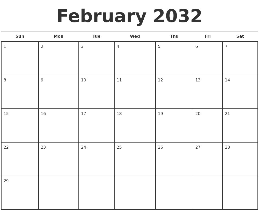 February 2032 Monthly Calendar Template