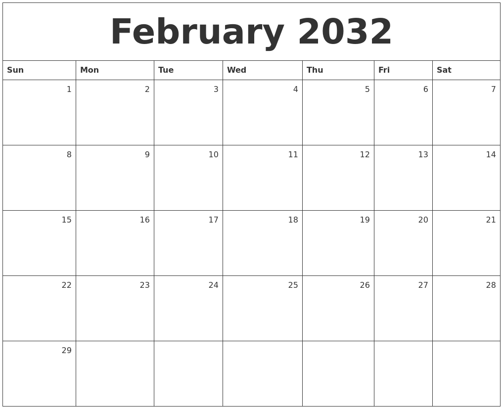 February 2032 Monthly Calendar