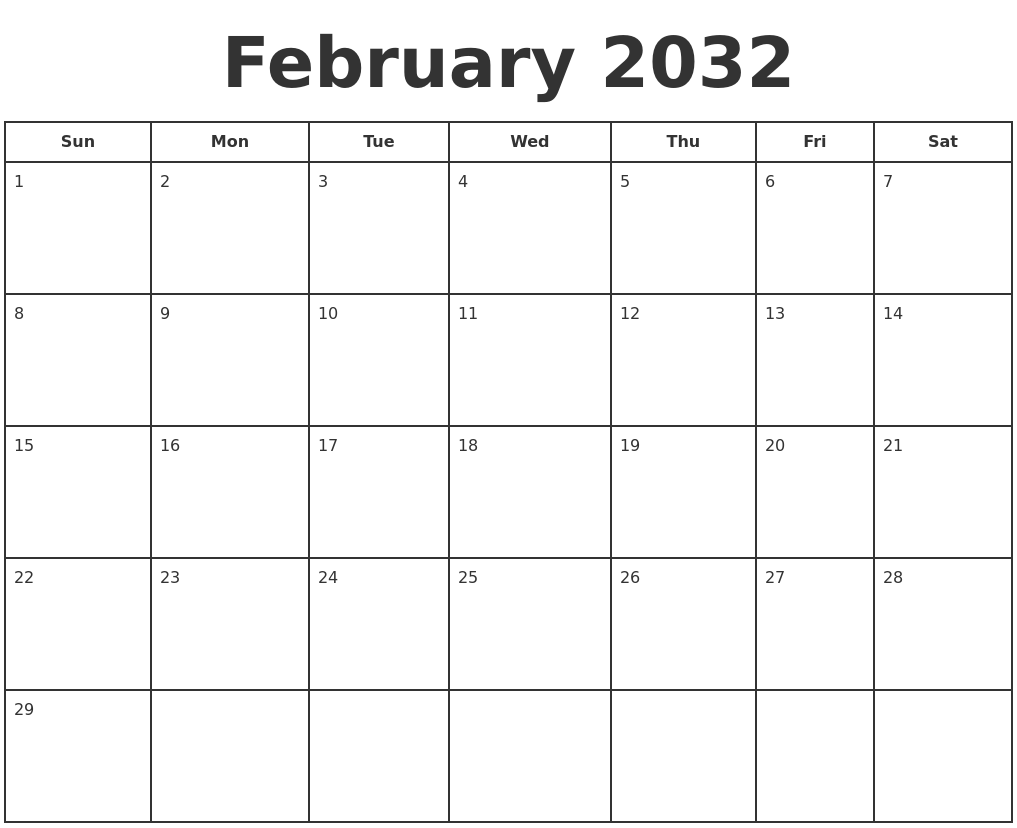 February 2032 Print A Calendar
