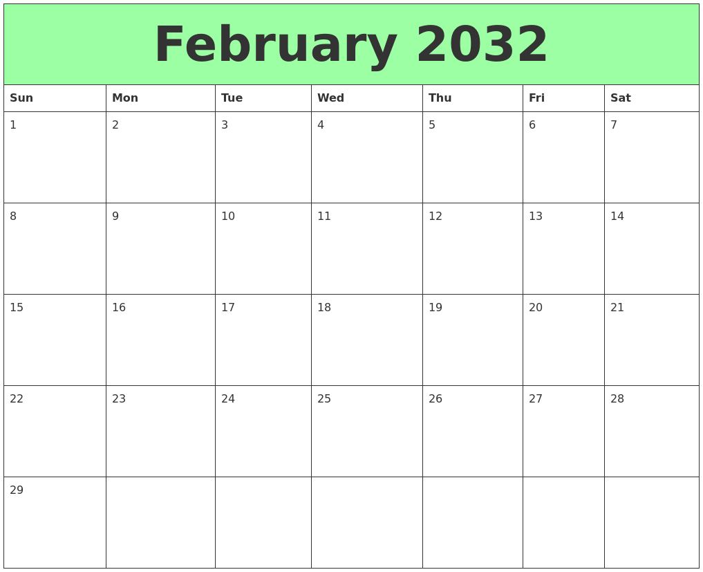 February 2032 Printable Calendars