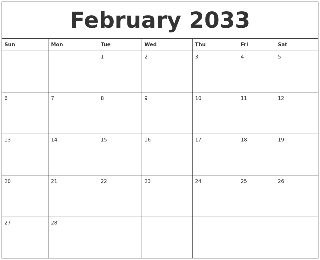 February 2033 Birthday Calendar Template