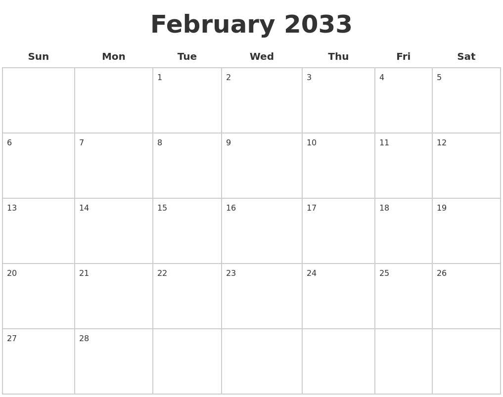 February 2033 Blank Calendar Pages