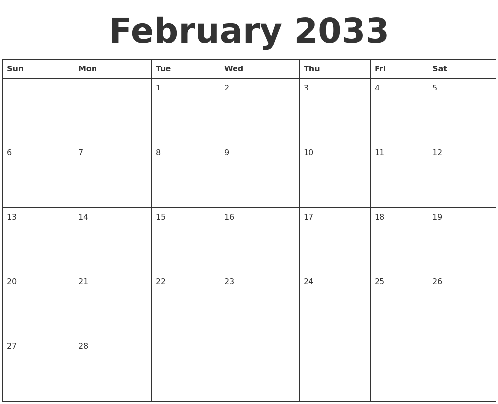 February 2033 Blank Calendar Template