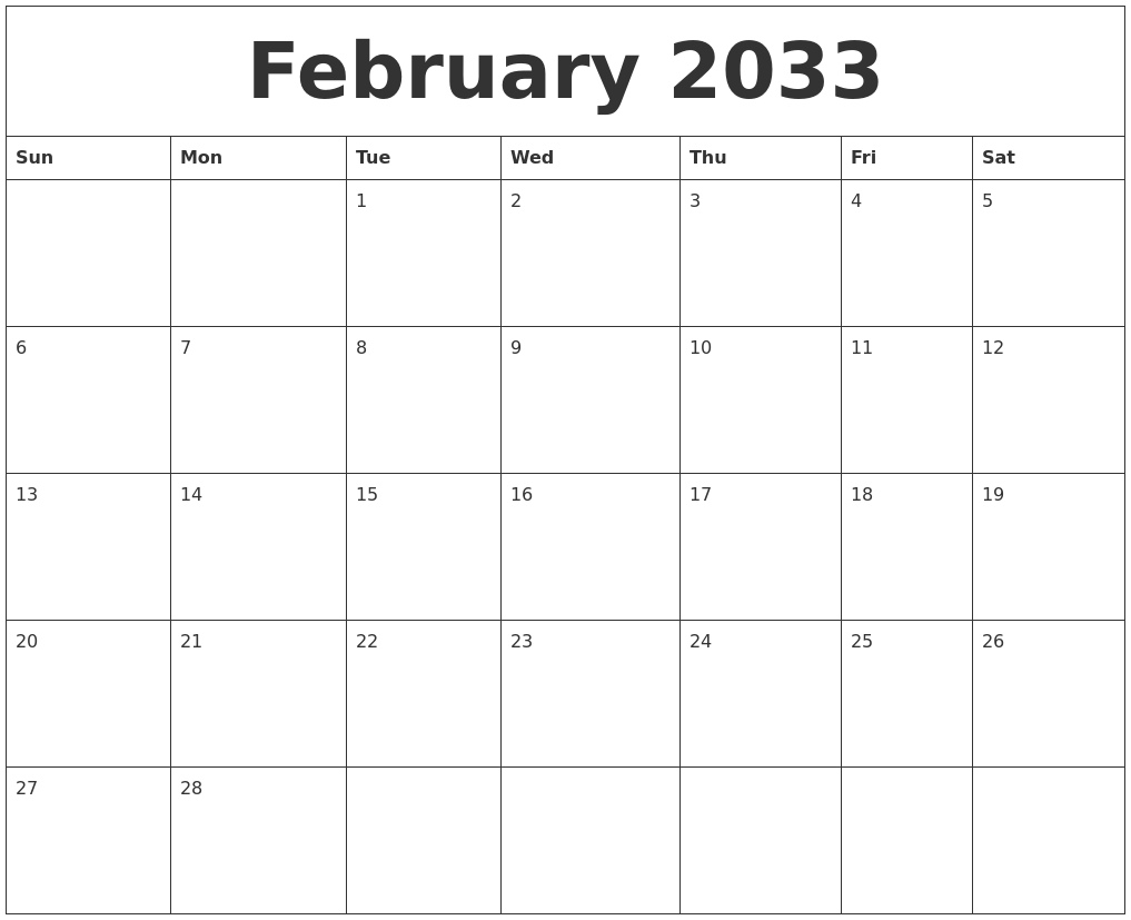 February 2033 Calendar Printable Free