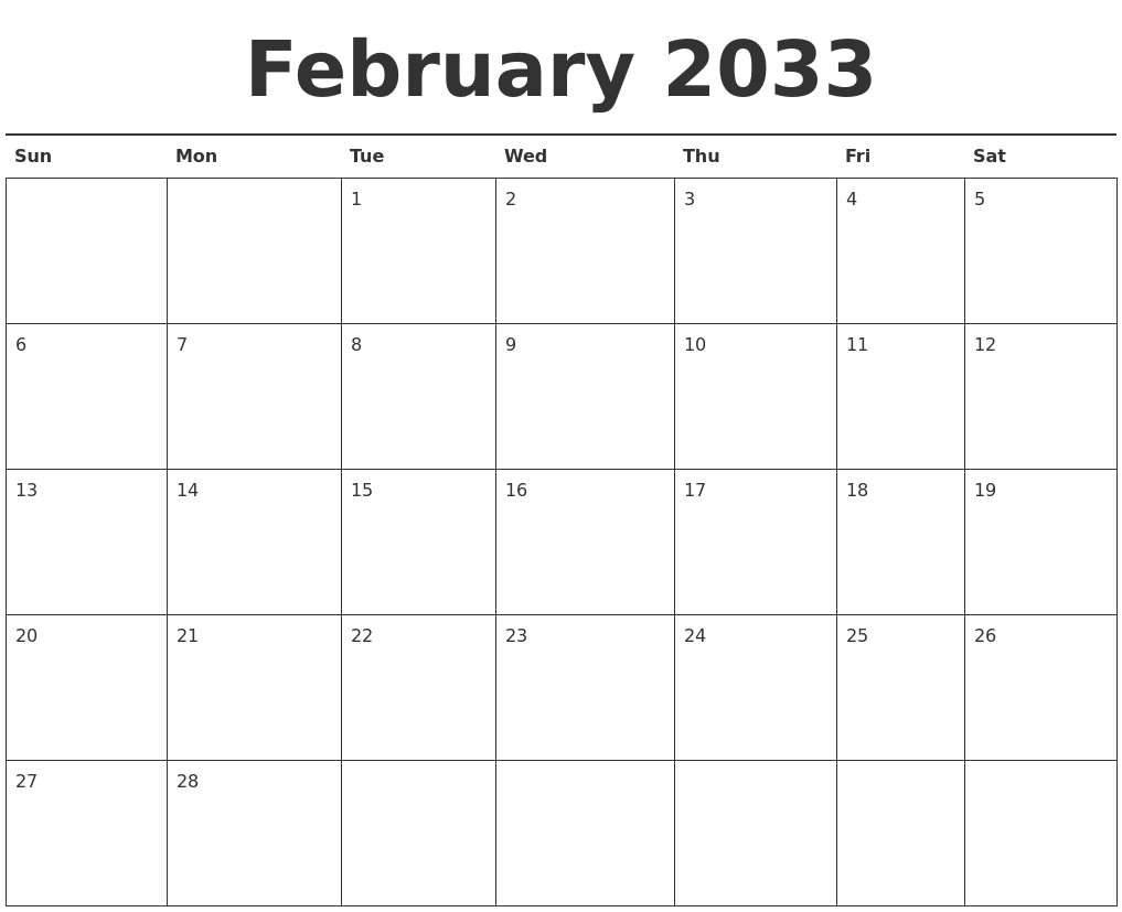 February 2033 Calendar Printable