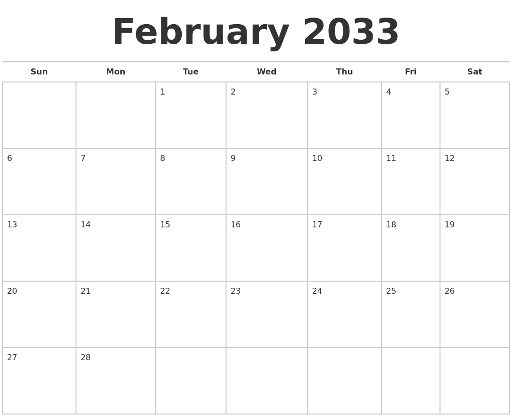 February 2033 Calendars Free