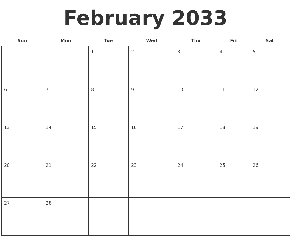 February 2033 Free Calendar Template