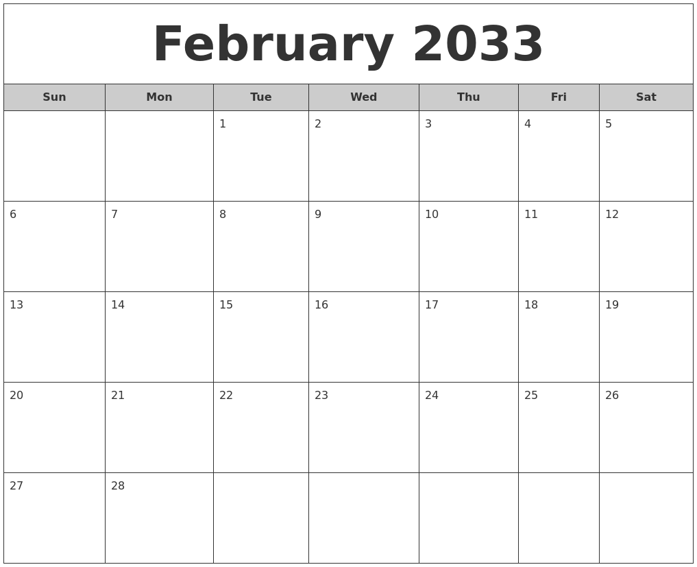 February 2033 Free Monthly Calendar