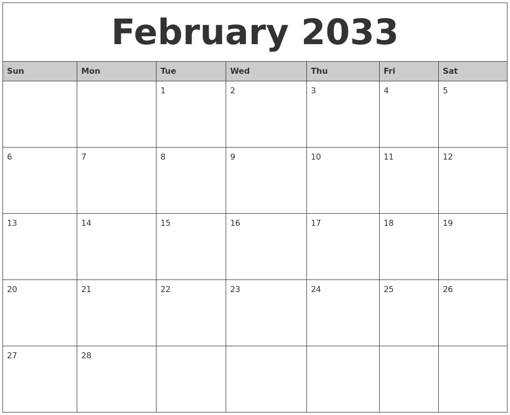 February 2033 Monthly Calendar Printable