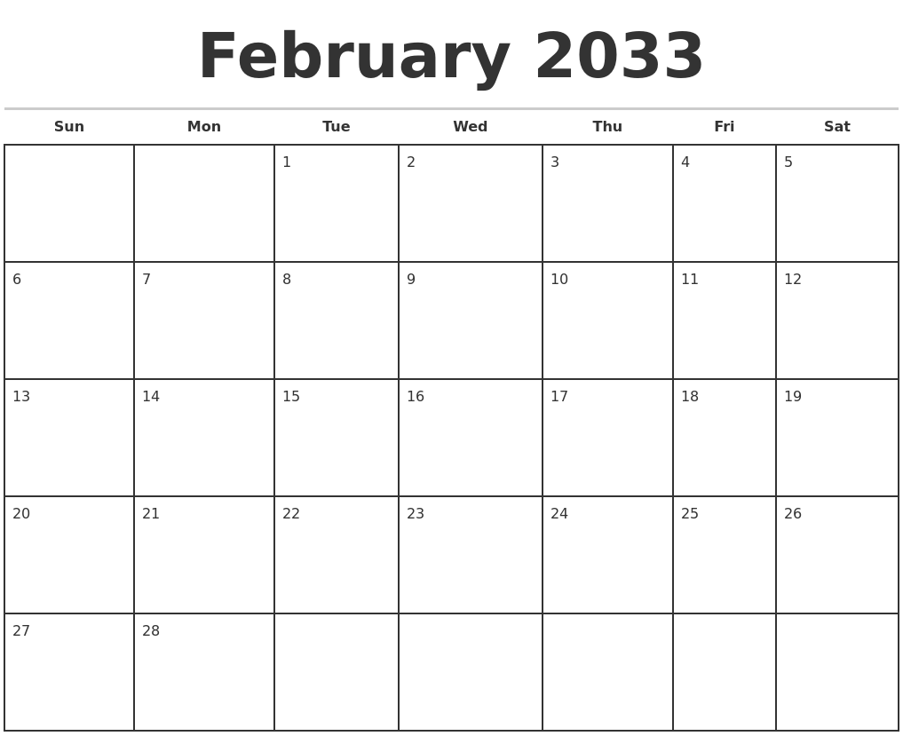 February 2033 Monthly Calendar Template
