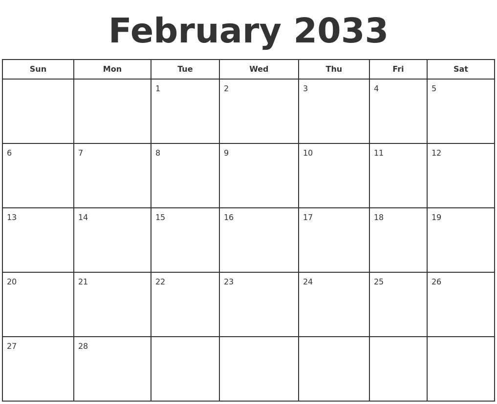 February 2033 Print A Calendar