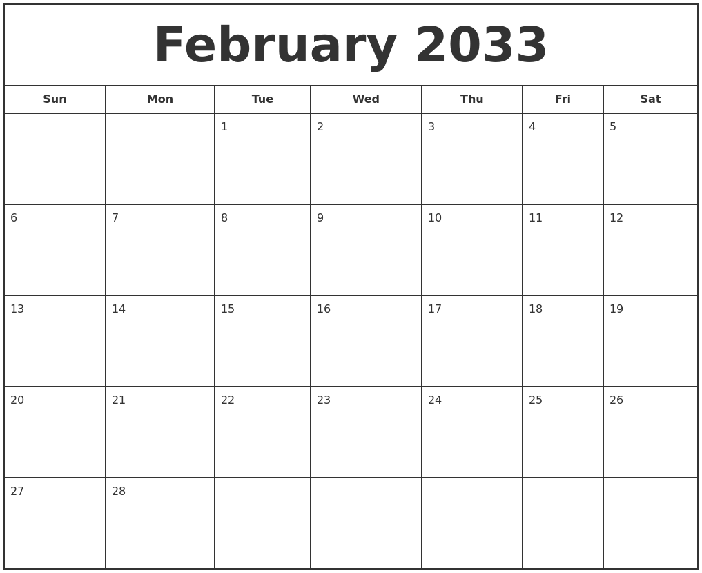 February 2033 Print Free Calendar