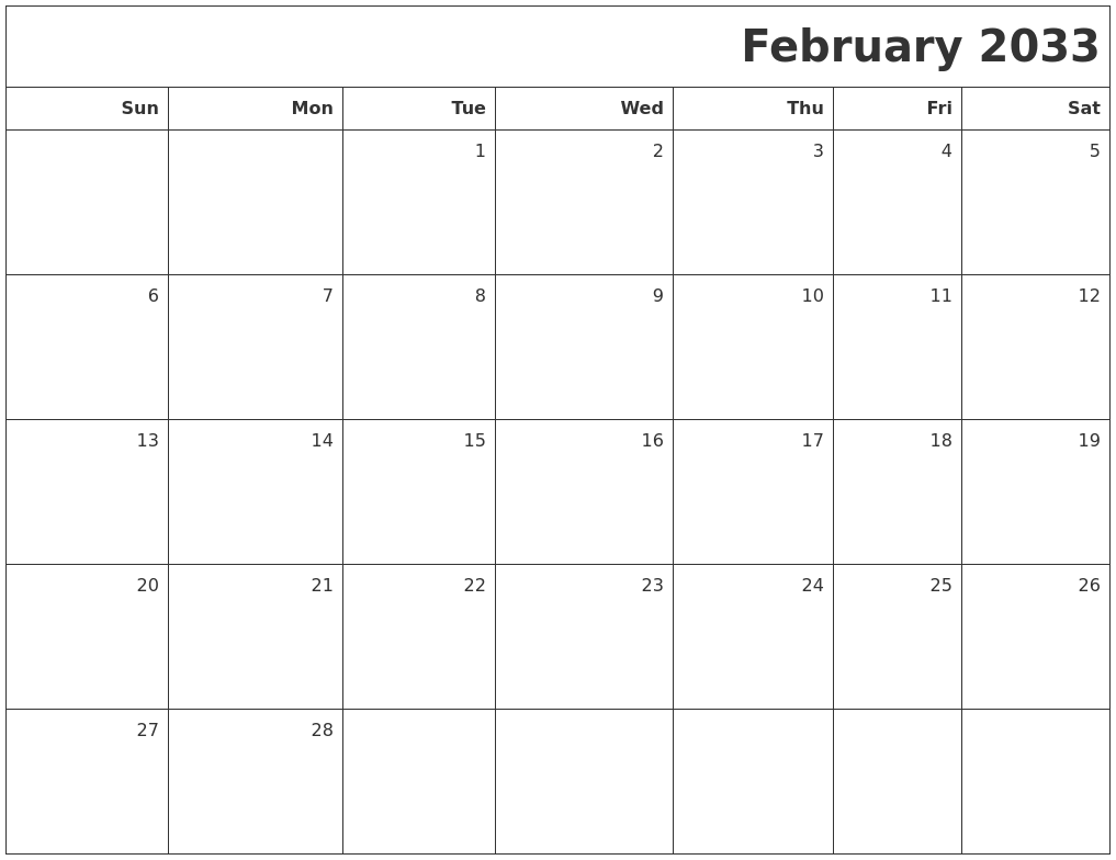 February 2033 Printable Blank Calendar