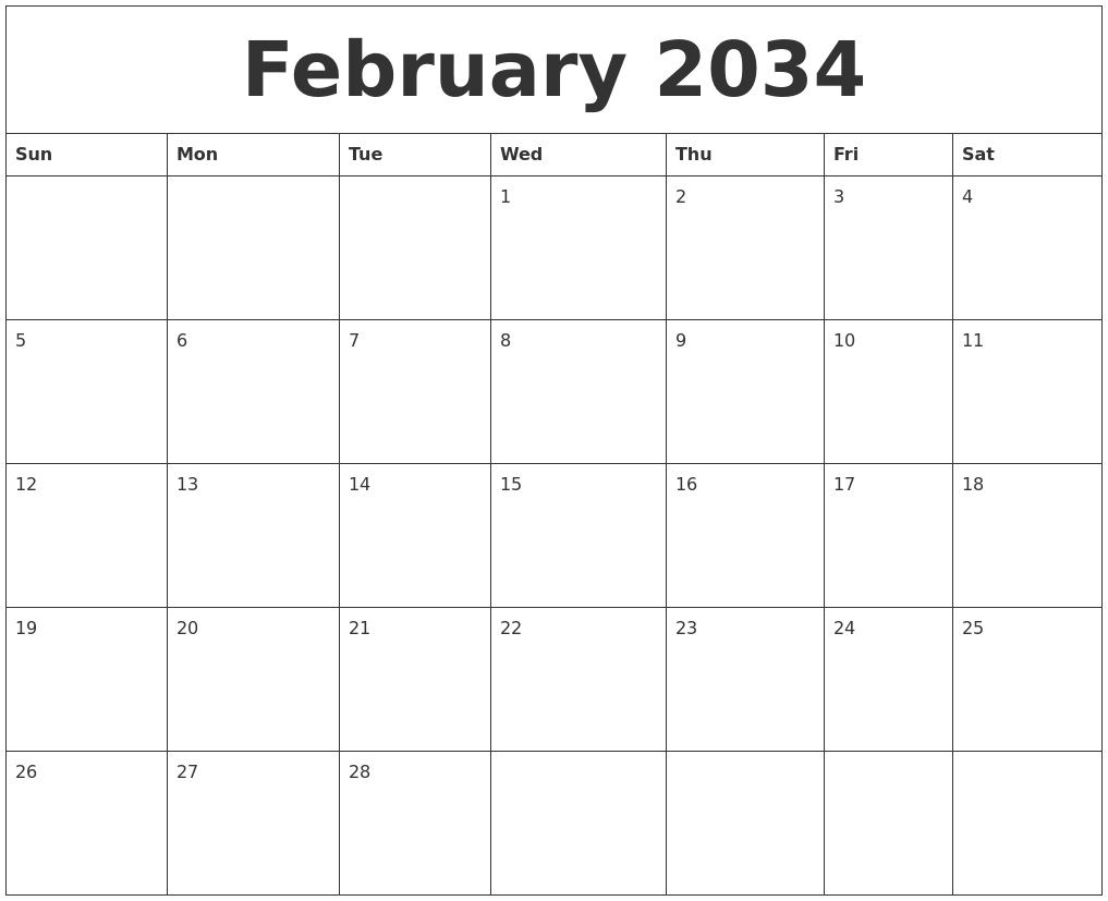 February 2034 Birthday Calendar Template