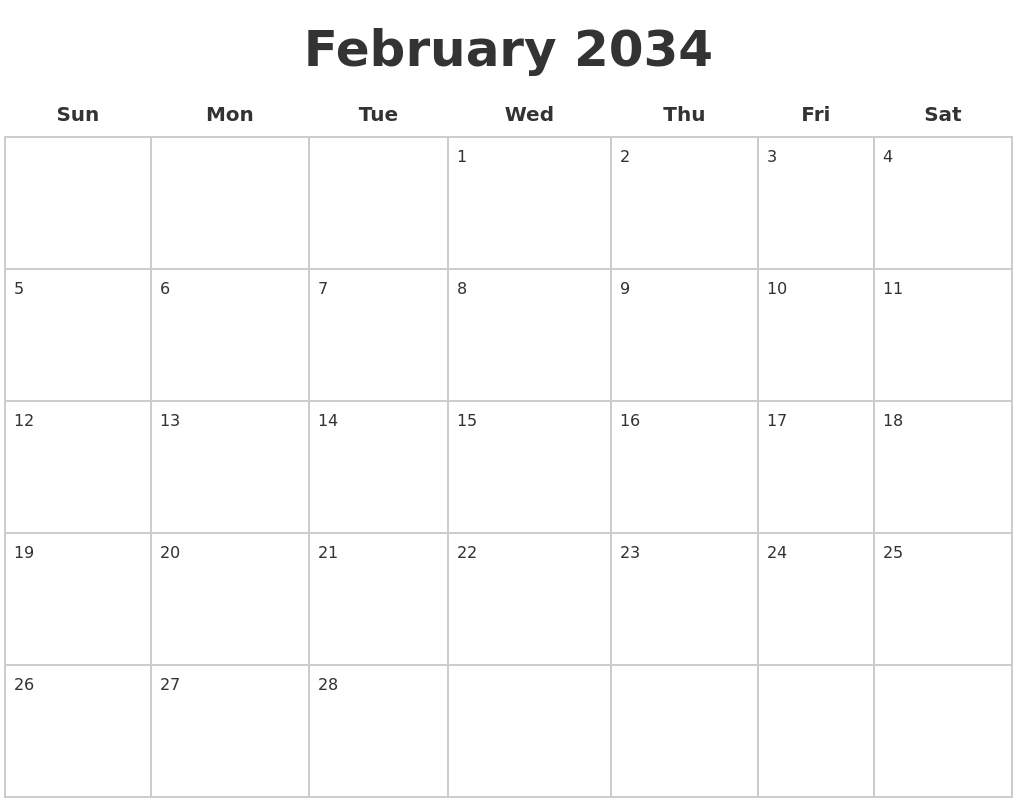 February 2034 Blank Calendar Pages