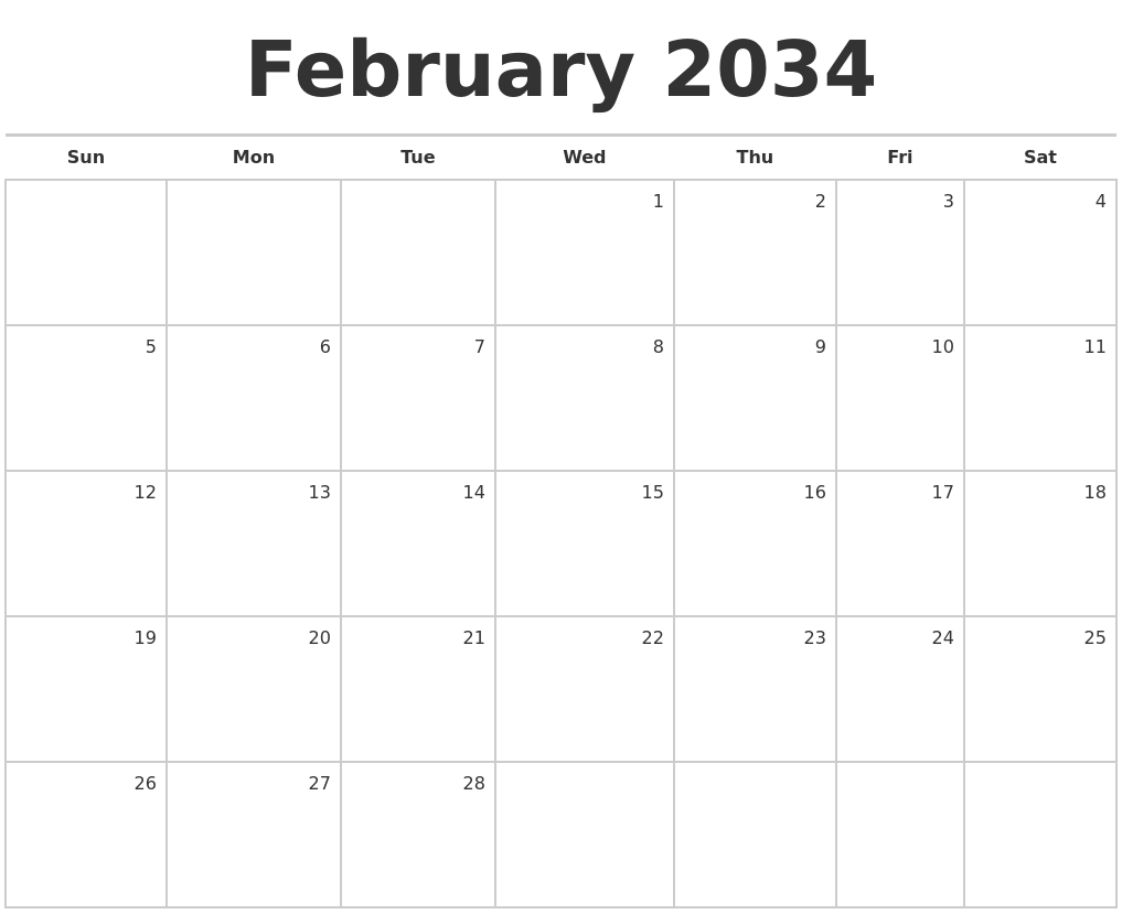 February 2034 Blank Monthly Calendar