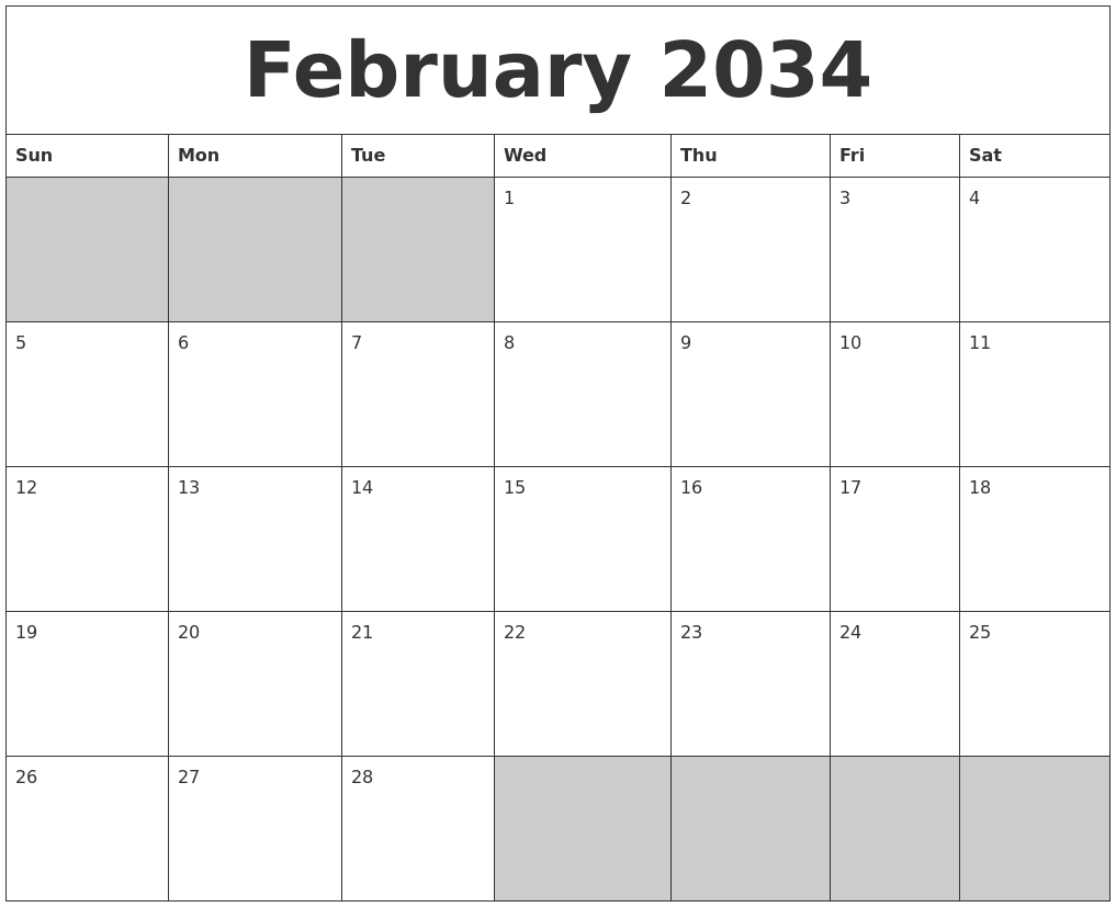 February 2034 Blank Printable Calendar