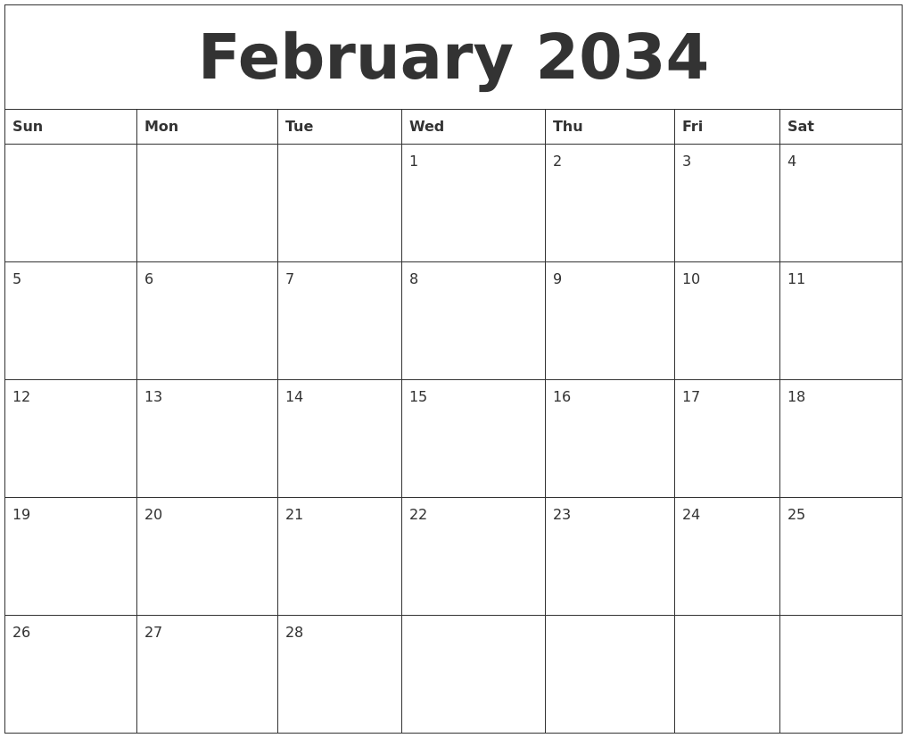 February 2034 Calendar For Printing