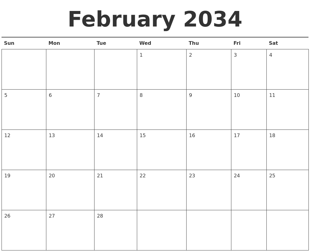 February 2034 Calendar Printable