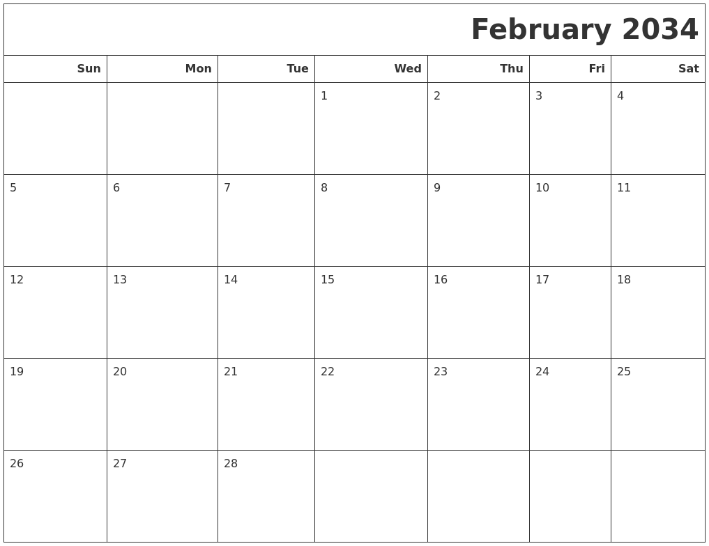 February 2034 Calendars To Print