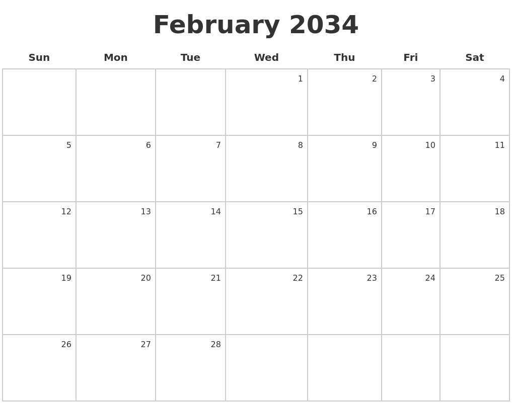 February 2034 Make A Calendar
