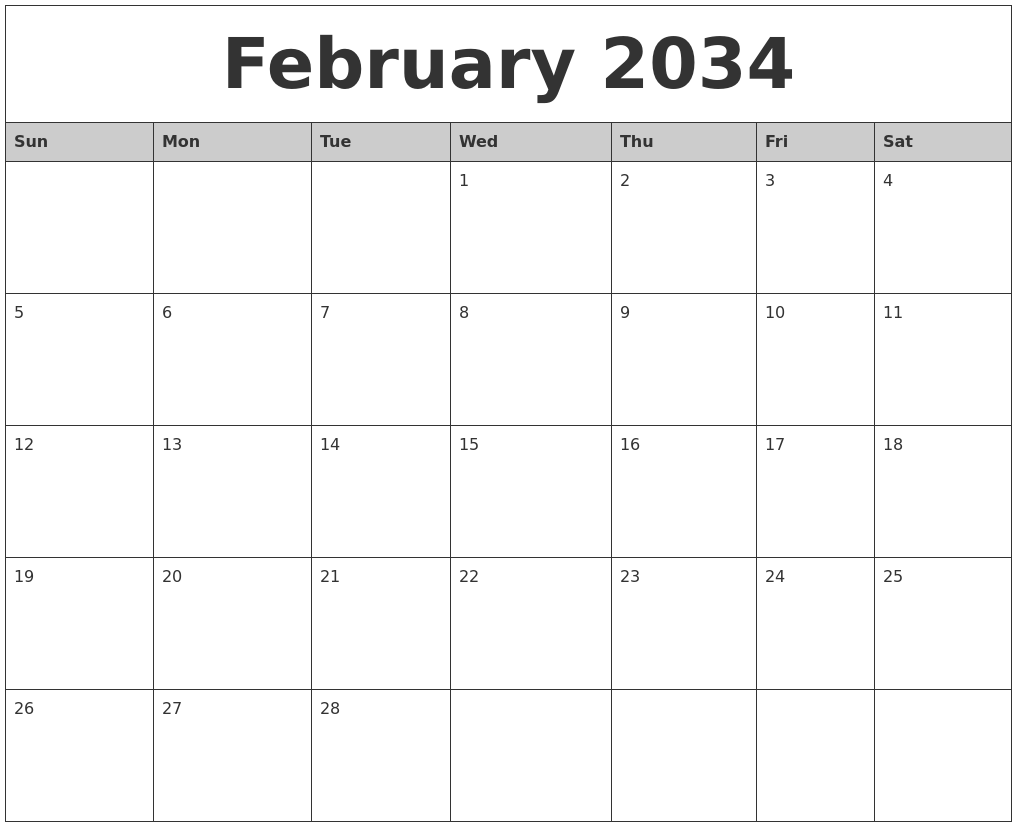 February 2034 Monthly Calendar Printable