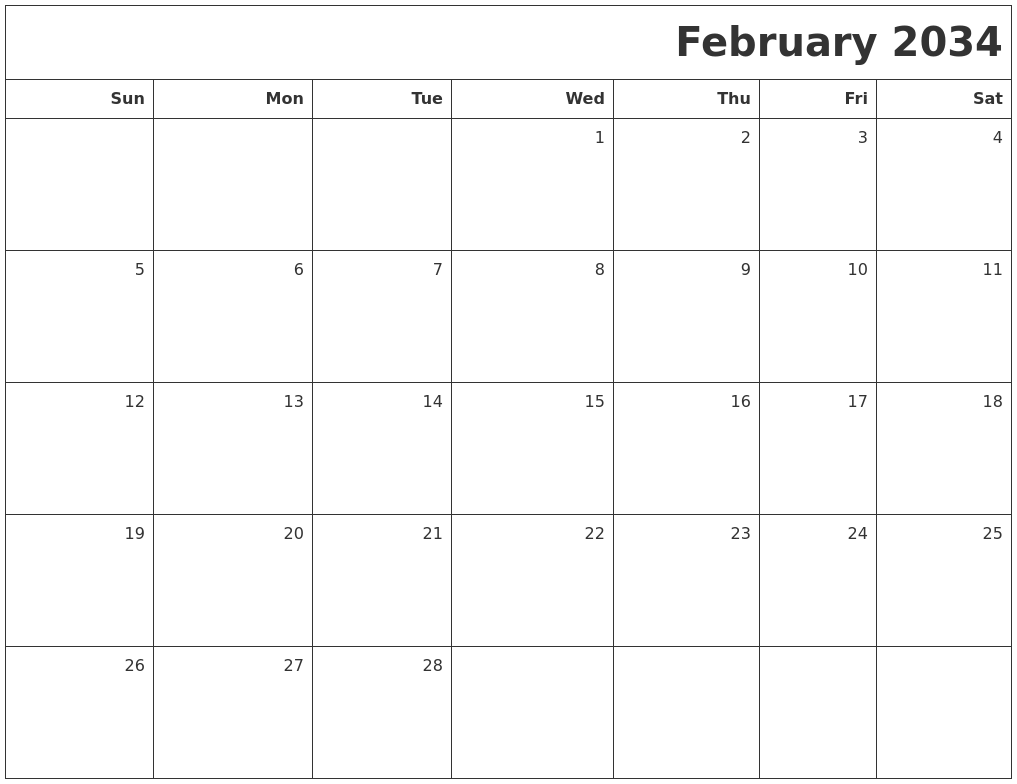 February 2034 Printable Blank Calendar