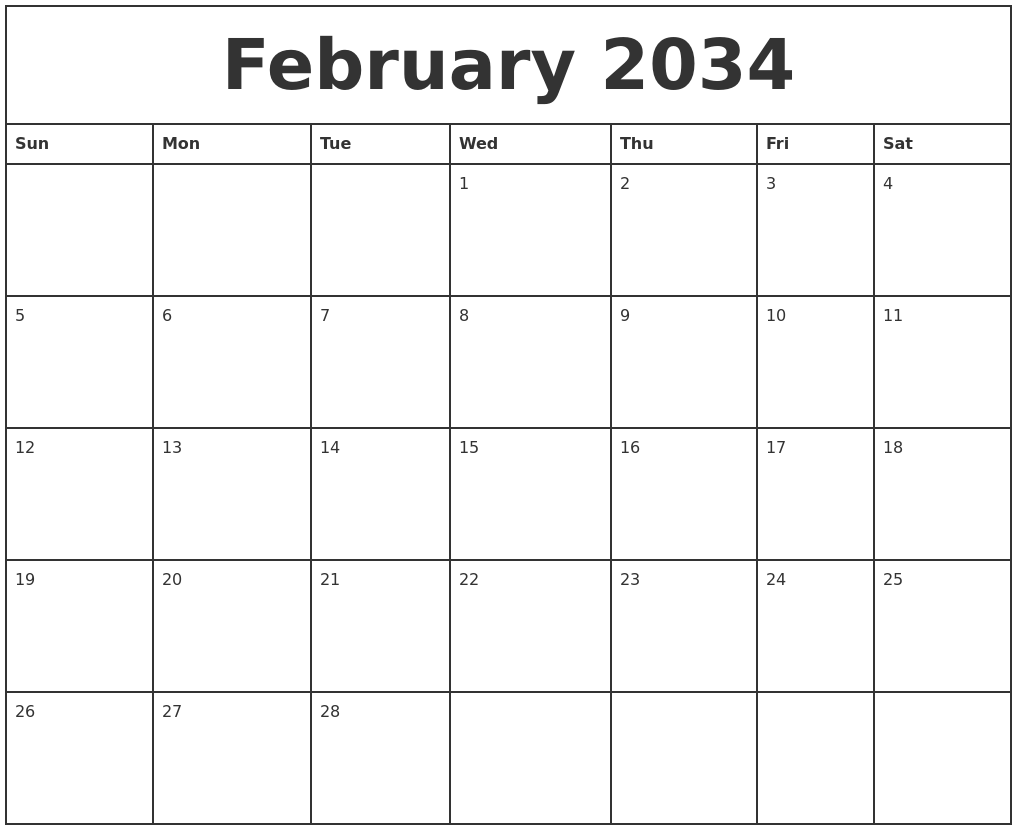 February 2034 Printable Monthly Calendar