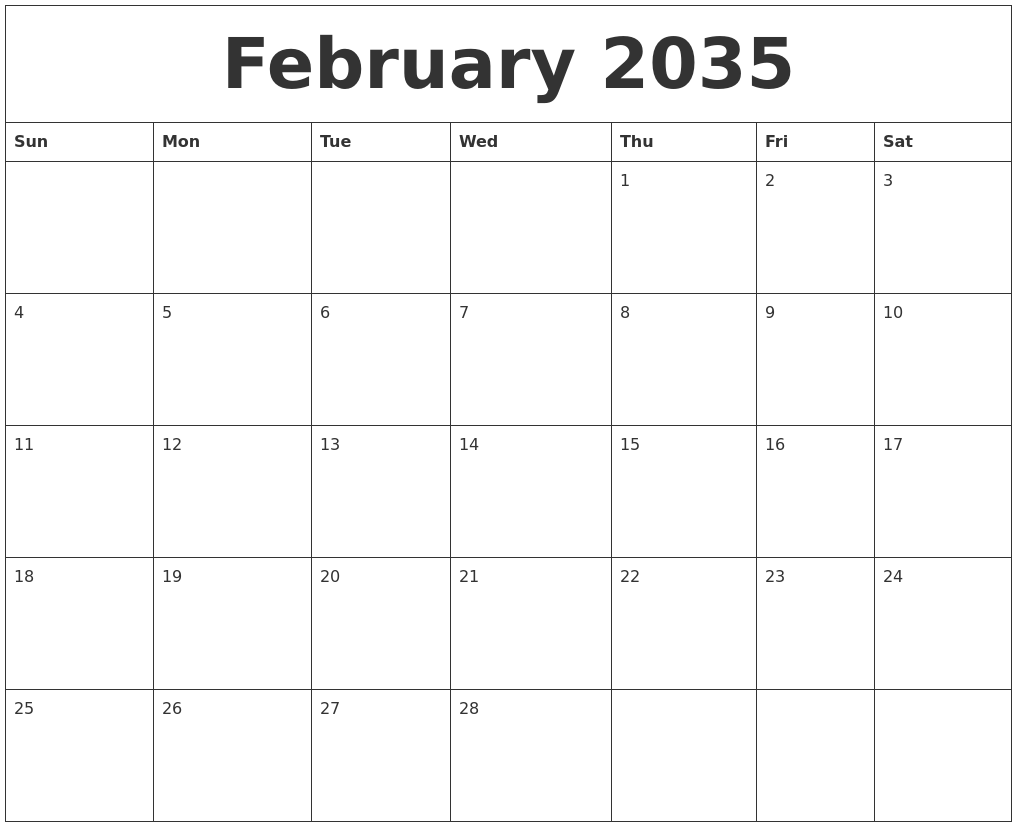 February 2035 Blank Monthly Calendar Pdf