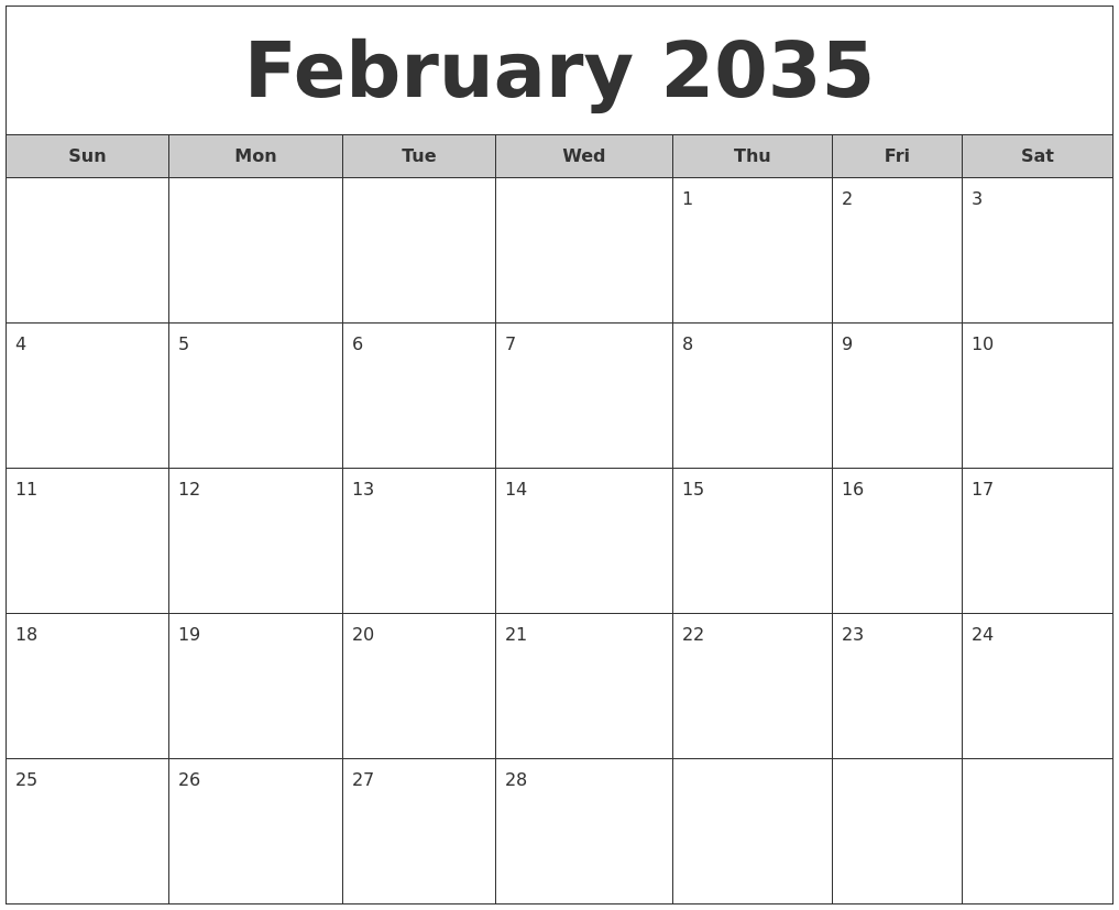 February 2035 Free Monthly Calendar