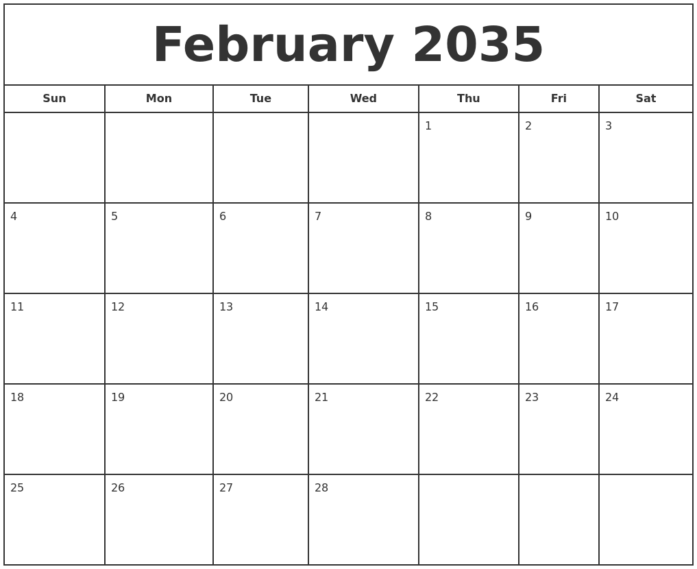February 2035 Print Free Calendar