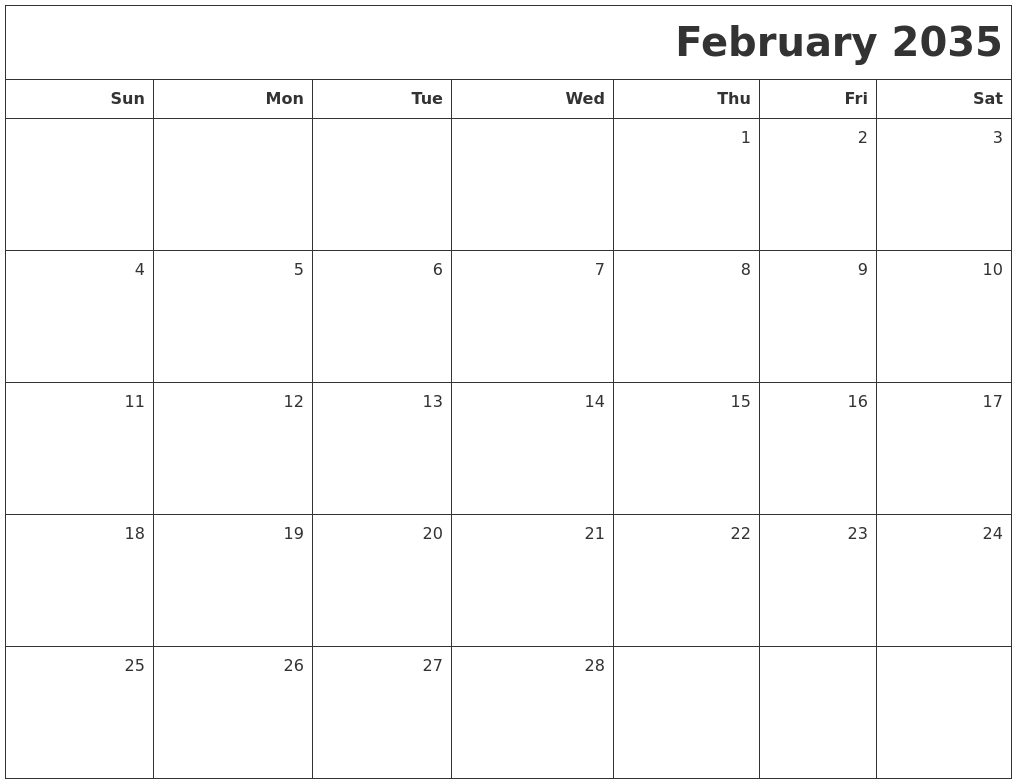 February 2035 Printable Blank Calendar