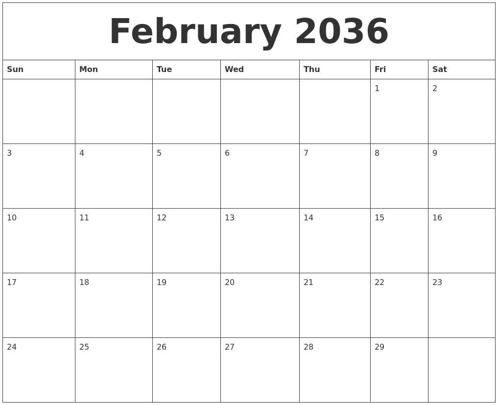 February 2036 Birthday Calendar Template