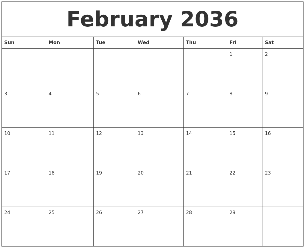 February 2036 Blank Calendar Printable