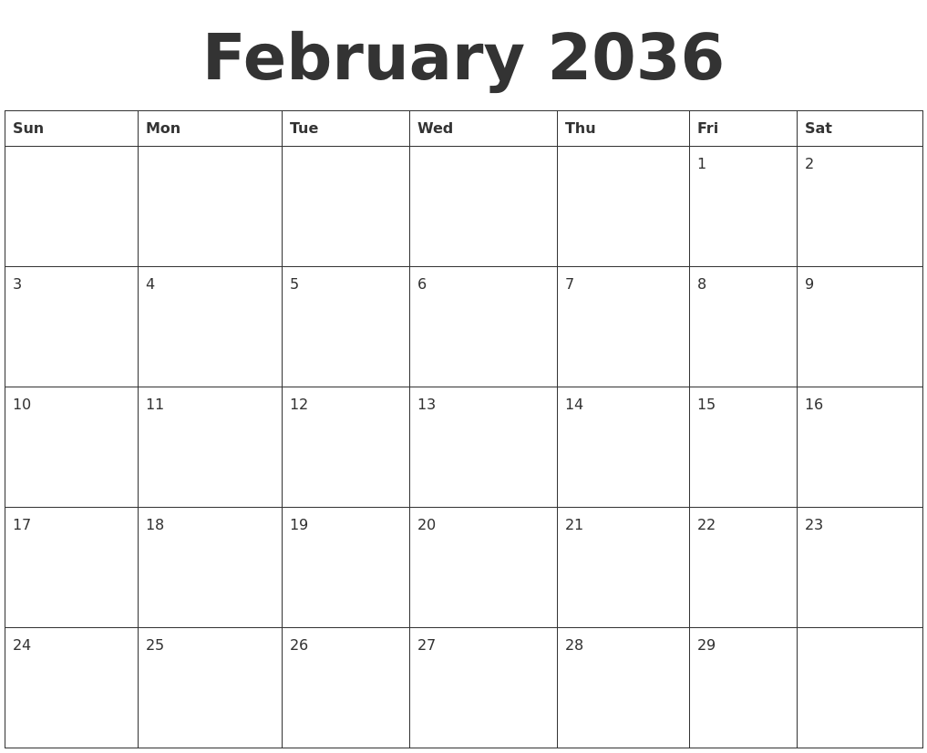 February 2036 Blank Calendar Template