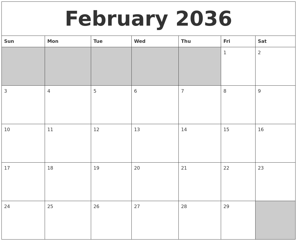 February 2036 Blank Printable Calendar