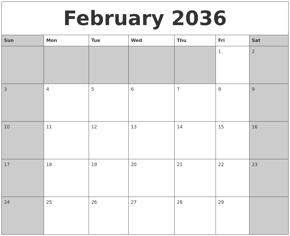 February 2036 Calanders