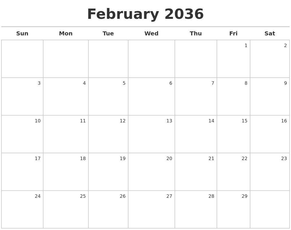 February 2036 Calendar Maker
